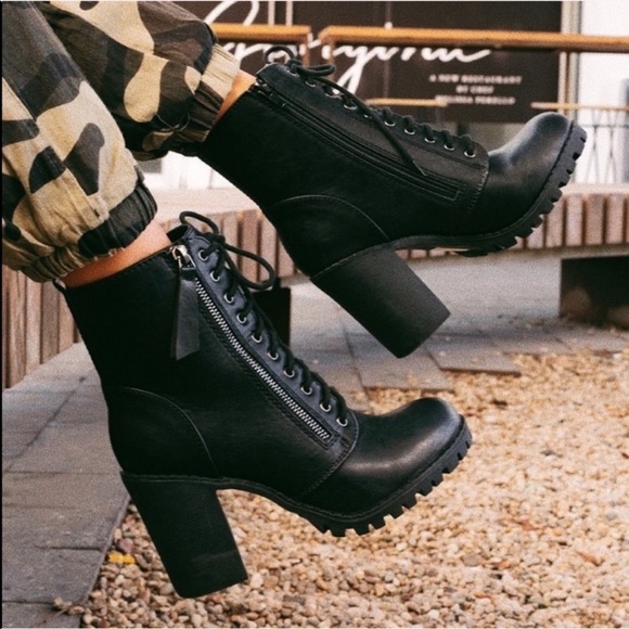 Black Lace Up High Chunky Heel Combat Boots - Picture 2 of 13